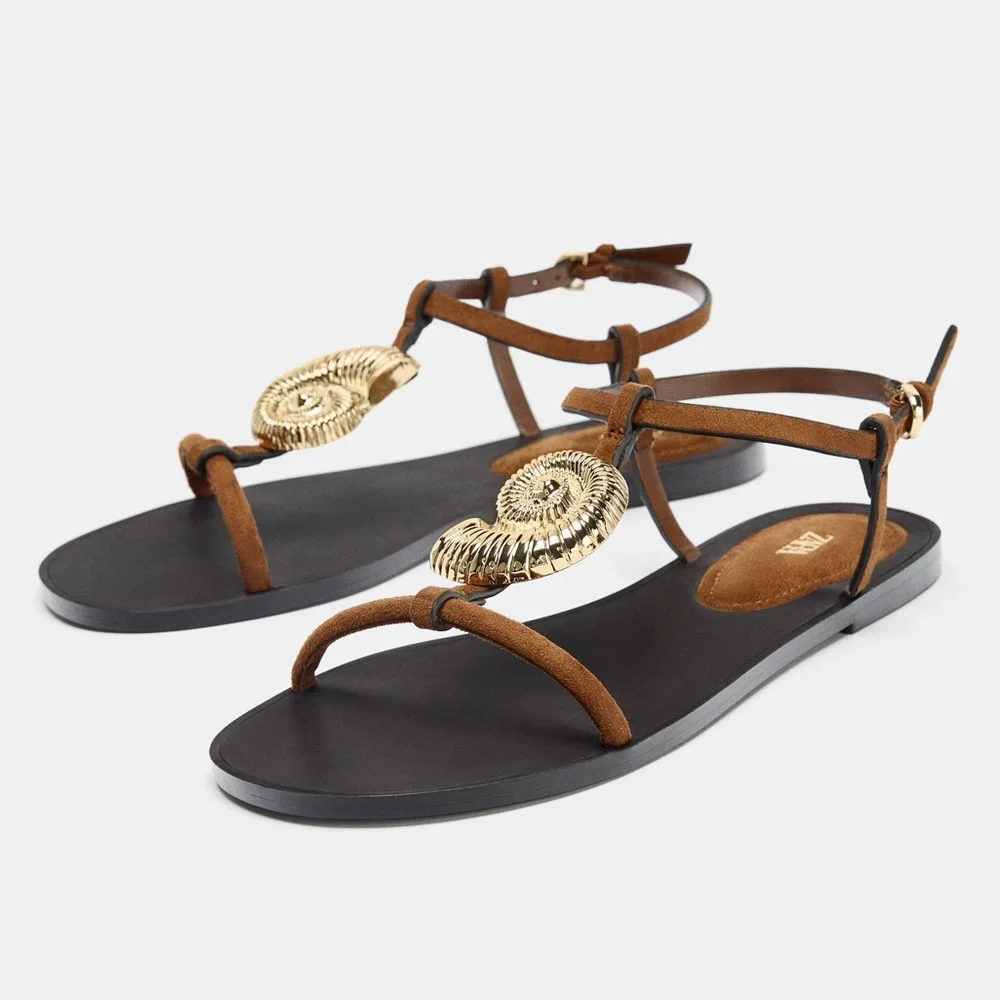 Zara Flat Sandals with Metallic Shell Trim NWT - Picture 3 of 6